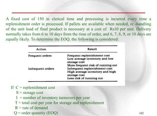 A fixed cost of 150 in clerical time and processing is incurred every time a
replenishment order is processed. If pallets are available when needed, re -handling
of the unit load of final product is necessary at a cost of Rs10 per unit. Delivery
normally takes from 6 to 10 days from the time of order, and 6, 7, 8, 9, or 10 days are
equally likely. To determine the EOQ, the following is considered:




  If C = replenishment cost
     S = storage cost
     I = number of inventory turnovers per year
     T = total cost per year for storage and replenishment
     R = rate of demand
    Q = order quantity (EOQ)                                                   102
 