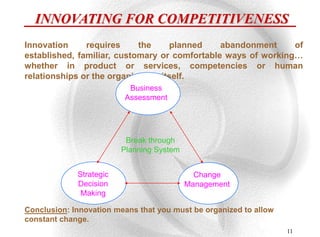 INNOVATING FOR COMPETITIVENESS
Innovation     requires     the     planned    abandonment     of
established, familiar, customary or comfortable ways of working…
whether in product or services, competencies or human
relationships or the organisation itself.
                          Business
                         Assessment




                          Break through
                         Planning System


             Strategic                       Change
             Decision                      Management
              Making

Conclusion: Innovation means that you must be organized to allow
constant change.
                                                                   11
 