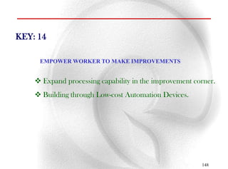 KEY: 14

     EMPOWER WORKER TO MAKE IMPROVEMENTS


     Expand processing capability in the improvement corner.
     Building through Low-cost Automation Devices.




                                                        148
 