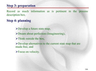 Step 3: preparation
Record as much information as is pertinent in the process
description box.

Step 4: planning

      Develop a future state map,
      Dream about perfection (Imagineering),
      Think outside the box,
      Develop alternatives to the current state map that are
      muda free, and
      Focus on velocity.




                                                                166
 