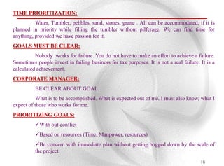 TIME PRIORITIZATION:
          Water, Tumbler, pebbles, sand, stones, grane . All can be accommodated, if it is
planned in priority while filling the tumbler without pilferage. We can find time for
anything, provided we have passion for it.
GOALS MUST BE CLEAR:
          Nobody works for failure. You do not have to make an effort to achieve a failure.
Sometimes people invest in failing business for tax purposes. It is not a real failure. It is a
calculated achievement.
CORPORATE MANAGER:
          BE CLEAR ABOUT GOAL.
           What is to be accomplished. What is expected out of me. I must also know, what I
expect of those who works for me.
PRIORITIZING GOALS:
          With out conflict
          Based on resources (Time, Manpower, resources)
          Be concern with immediate plan without getting bogged down by the scale of
          the project.
                                                                                        18
 