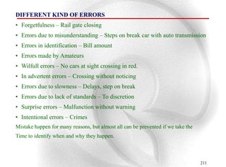 DIFFERENT KIND OF ERRORS
• Forgetfulness – Rail gate closing
• Errors due to misunderstanding – Steps on break car with auto transmission
• Errors in identification – Bill amount
• Errors made by Amateurs
• Wilfull errors – No cars at sight crossing in red.
• In advertent errors – Crossing without noticing
• Errors due to slowness – Delays, step on break
• Errors due to lack of standards – To discretion
• Surprise errors – Malfunction without warning
• Intentional errors – Crimes
Mistake happen for many reasons, but almost all can be prevented if we take the
Time to identify when and why they happen.



                                                                                  211
 