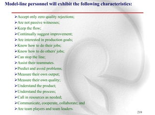 Model-line personnel will exhibit the following characteristics:

    Accept only zero quality rejections;
    Are not passive witnesses;
    Keep the flow;
    Continually suggest improvement;
    Are interested in production goals;
    Know how to do their jobs;
    Know how to do others' jobs;
    Can stop the line;
    Assist their teammates.
    Predict and avoid problems;
    Measure their own output;
    Measure their own quality;
    Understand the product;
    Understand the process;
    Call in resources as needed;
    Communicate, cooperate, collaborate; and
    Are team players and team leaders.
                                                                   219
 