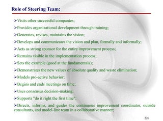 Role of Steering Team:

 Visits other successful companies;
 Provides organizational development through training;
 Generates, revises, maintains the vision;
 Develops and communicates the vision and plan, formally and informally;
 Acts as strong sponsor for the entire improvement process;
 Remains visible in the implementation process;
 Sets the example (good at the fundamentals);
 Demonstrates the new values of absolute quality and waste elimination;
 Models pro-active behavior;
 Begins and ends meetings on time;
 Uses consensus decision-making;
 Supports "do it right the first time";
 Directs, informs, and guides the continuous improvement coordinator, outside
 consultants, and model-line team in a collaborative manner;
                                                                            220
 