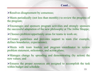 Cond…

Resolves disagreement by consensus;
Meets periodically (not less than monthly) to review the progress of
the program;
Encourages and sponsors program activities and strongly sponsors
the successful adaptation of the new philosophy at The Jobbe Shoppe;
Chooses problem/opportunity areas for teams to work on;
Creates guidelines and provides support to team (for example,
defines boundaries, expectations);
Meets with team leaders and program coordinator to review
problem statement, milestones, and action plans;
Manages change by spreading and demonstrating (by action) the
new values; and
Ensures the proper resources are assigned to accomplish the task
within budget and schedule
                                                                221
 