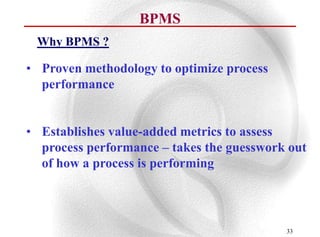 BPMS
 Why BPMS ?

• Proven methodology to optimize process
  performance


• Establishes value-added metrics to assess
  process performance – takes the guesswork out
  of how a process is performing




                                           33
 
