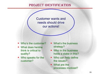 Project Identification


               Customer wants and
                needs should drive
                   our actions!




 Who’s the customer?     What’s the business
 What does he/she         strategy?
  think is critical to    Who in the business
  quality?                 holds a stake in this?
 Who speaks for the      Who can help define
  customer?                the issues?
                          What are the
                           processes involved?
                                                    66
 