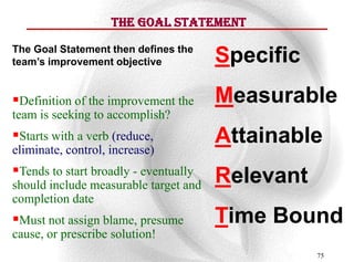 The Goal Statement

The Goal Statement then defines the
team’s improvement objective           Specific
Definition of the improvement the     Measurable
team is seeking to accomplish?
Starts with a verb (reduce,           Attainable
eliminate, control, increase)
Tends to start broadly - eventually   Relevant
should include measurable target and
completion date
Must not assign blame, presume        Time Bound
cause, or prescribe solution!
                                                  75
 