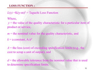 LOSS FUNCTION :

L(y) =K(y-m)2 = Taguchi Loss Function
Where,
y = the value of the quality characteristic for a particular item of
product or service,

m = the nominal value for the quality characteristic, and
k = a constant, A/d2

A = the loss (cost) of exceeding specification limits (e.g., the
cost to scrap a unit of output), and

d = the allowable tolerance from the nominal value that is used
to determine specification limits.
                                                                   91
 