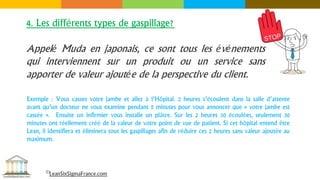 4. Les différents types de gaspillage?
Appelé Muda en japonais, ce sont tous les événements
qui interviennent sur un produit ou un service sans
apporter de valeur ajoutée de la perspective du client.
Exemple : Vous cassez votre jambe et allez à l’Hôpital. 2 heures s’écoulent dans la salle d’attente
avant qu’un docteur ne vous examine pendant 5 minutes pour vous annoncer que « votre jambe est
cassée ». Ensuite un infirmier vous installe un plâtre. Sur les 2 heures 30 écoulées, seulement 30
minutes ont réellement créé de la valeur de votre point de vue de patient. Si cet hôpital entend être
Lean, il identifiera et éliminera tous les gaspillages afin de réduire ces 2 heures sans valeur ajoutée au
maximum.
©LeanSixSigmaFrance.com
 
