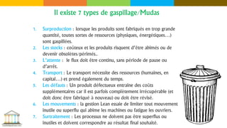 Il existe 7 types de gaspillage/Mudas
1. Surproduction : lorsque les produits sont fabriqués en trop grande
quantité, toutes sortes de ressources (physiques, énergétiques…)
sont gaspillées.
2. Les stocks : coûteux et les produits risquent d’être abimés ou de
devenir obsolètes/périmés..
3. L’attente : le flux doit être continu, sans période de pause ou
d’arrêt.
4. Transport : Le transport nécessite des ressources (humaines, en
capital…) et prend également du temps.
5. Les défauts : Un produit défectueux entraine des coûts
supplémentaires car il est parfois complètement irrécupérable (et
doit donc être fabriqué à nouveau) ou doit être révisé.
6. Les mouvements : la gestion Lean essaie de limiter tout mouvement
inutile ou superflu qui abime les machines ou fatigue les ouvriers.
7. Surtraitement : Les processus ne doivent pas être superflus ou
inutiles et doivent correspondre au résultat final souhaité.
 