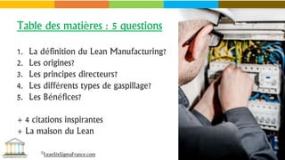 1. La définition du Lean Manufacturing?
2. Les origines?
3. Les principes directeurs?
4. Les différents types de gaspillage?
5. Les Bénéfices?
+ 4 citations inspirantes
+ La maison du Lean
Table des matières : 5 questions
©LeanSixSigmaFrance.com
 
