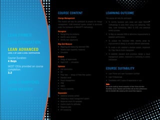COURSE CONTENT
Change Management
This module will help the participant to prepare for change
management. LEAN Advanced course content is structured
under the framework of RMAOR™ methodology
Recognize
• Recognizing the problems
• Identify value streams
• Identify lean opportunity
Map And Measure
• Mapping and measuring extended VSM
• Baseline lean capability measures
• Simulation
Analyze
• Design of experiments
• Rapid DOE — simulation
Optimize
• Cell optimization
• 5S
• Poka Yoke — design of Poka Yoke system
• Standard work
• Visual management
• TPM
• SMED
• Process capability
Repeatable
• Statistical process control
• Designing a visual management system
• Response charts for variables
• Control charts for attributes
• Response plan
• KPI monitoring
LEARNING OUTCOME
The course will help the participant:
• To identify business pain areas and apply RMAOR®
methodology to solve them using Line balancing, Poka
Yoke, Level Scheduling, SMED & DOE and statistical
control process.
• To Map an extended VSM & determine measurements to
establish performance.
• To analyze the Extended VSM, identify areas for
improvements & design & simulate different alternatives.
• To create a cell, establish a Kanban system, implement
5S, Poka Yoke & Quick changeover.
• To establish standard work practices, design a visual
management system, implement a monitoring & control
mechanism.
COURSE SUITABILITY
• Lean Primer and Lean Foundation Certiﬁed
• Lean Professionals
• Candidates with 5 years of experience in Lean
Note:
The course eligibility involves completion of Lean Primer and Lean
Foundation course. However such of those who are Lean professionals
shall be admitted after assessing their current Lean exposure.
LEAN ADVANCED
LEVEL 3 OF LEAN 5-LEVEL CERTIFICATION
Course Duration:
4 Days
IACET CEUs provided on course
completion:
3.2
LEAN PRIMER
LEAN FOUNDATION
LEAN CHAMPIONS
LEAN MASTER
 