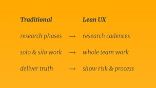 Traditional Lean UX 
research phases ⟶ research cadences 
solo & silo work ⟶ whole team work 
deliver truth ⟶ show risk & process 
 