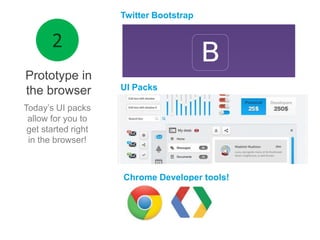 Prototype in
the browser
Today’s UI packs
allow for you to
get started right
in the browser!
Twitter Bootstrap
UI Packs
Chrome Developer tools!
 