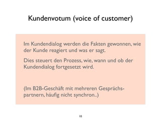 Kundenvotum (voice of customer)
Im Kundendialog werden die Fakten gewonnen, wie
der Kunde reagiert und was er sagt.
Dies steuert den Prozess, wie, wann und ob der
Kundendialog fortgesetzt wird.
(Im B2B-Geschäft mit mehreren Gesprächs-
partnern, häuﬁg nicht synchron..)
10
 