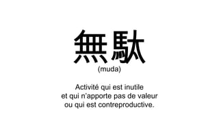 無駄 (muda) Activité qui est inutile et qui n’apporte pas de valeur ou qui est contreproductive. 