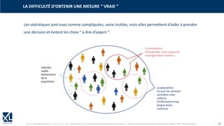 © XL SA | contact@xl-groupe.com | Paris 01 78 16 11 99 | Région 04 76 61 34 40 | 88, Allée Galilée 38330 Montbonnot-Saint-Martin | Organisme de formation (Préfecture de région) 82 38 00 90938 | SIRET 347 945 628 000 50 11
Les statistiques sont vues comme compliquées, voire inutiles, mais elles permettent d’aider à prendre
une décision et évitent les choix “ à dire d’expert ”.
LA DIFFICULTÉ D’OBTENIR UNE MESURE “ VRAIE ”
 