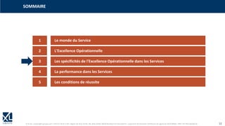 © XL SA | contact@xl-groupe.com | Paris 01 78 16 11 99 | Région 04 76 61 34 40 | 88, Allée Galilée 38330 Montbonnot-Saint-Martin | Organisme de formation (Préfecture de région) 82 38 00 90938 | SIRET 347 945 628 000 50 12
SOMMAIRE
1 Le monde du Service
2 L'Excellence Opérationnelle
3 Les spécificités de l'Excellence Opérationnelle dans les Services
4 La performance dans les Services
5 Les conditions de réussite
 