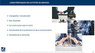 © XL SA | contact@xl-groupe.com | Paris 01 78 16 11 99 | Région 04 76 61 34 40 | 88, Allée Galilée 38330 Montbonnot-Saint-Martin | Organisme de formation (Préfecture de région) 82 38 00 90938 | SIRET 347 945 628 000 50 13
➢ Intangibilité, immatérialité
➢ Non stockable
➢ Co-construction avec le client
➢ Simultanéité de la production et de la consommation
➢ Variabilité de la demande
CARACTÉRISTIQUES DES ACTIVITÉS DE SERVICES
 