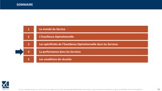 © XL SA | contact@xl-groupe.com | Paris 01 78 16 11 99 | Région 04 76 61 34 40 | 88, Allée Galilée 38330 Montbonnot-Saint-Martin | Organisme de formation (Préfecture de région) 82 38 00 90938 | SIRET 347 945 628 000 50 16
SOMMAIRE
1 Le monde du Service
2 L'Excellence Opérationnelle
3 Les spécificités de l'Excellence Opérationnelle dans les Services
4 La performance dans les Services
5 Les conditions de réussite
 