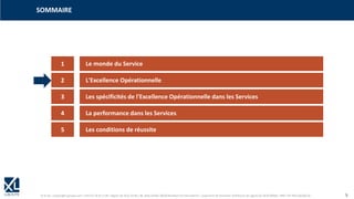 © XL SA | contact@xl-groupe.com | Paris 01 78 16 11 99 | Région 04 76 61 34 40 | 88, Allée Galilée 38330 Montbonnot-Saint-Martin | Organisme de formation (Préfecture de région) 82 38 00 90938 | SIRET 347 945 628 000 50 5
SOMMAIRE
1 Le monde du Service
2 L'Excellence Opérationnelle
3 Les spécificités de l'Excellence Opérationnelle dans les Services
4 La performance dans les Services
5 Les conditions de réussite
 