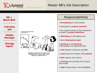 Master BB’s Job Description Responsabilities Strategizing  on LSS projects Participate to  project selection K ey support person to the Champions to assist in  pr oject Definition   Watchdog  of LSS deployment Owns  Deployment plan   Revising  and  Improving  methodology and statistical tools Link  between Champion and BBs Lead  large and complex LSS  projects Data  capture and metrics Training  and coaching  of Six Sigma GB  and  BB Help  Process Owner   with  transition BB = B lack  B elt Full-time job Middle Manager Change Agent 