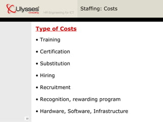 Staffing: Costs Training Certification Substitution Hiring Recruitment Recognition, rewarding program Hardware, Software, Infrastructure Type of Costs 
