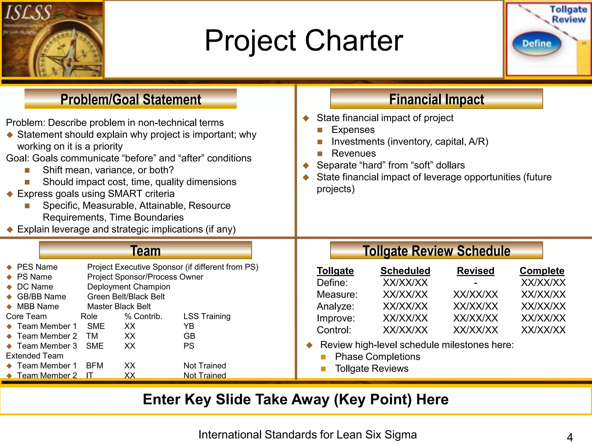 Project Charter
              Problem/Goal Statement                                                      Financial Impact
                                                                        State financial impact of project
Problem: Describe problem in non-technical terms
                                                                          Expenses
 Statement should explain why project is important; why
                                                                          Investments (inventory, capital, A/R)
  working on it is a priority
                                                                          Revenues
Goal: Goals communicate “before” and “after” conditions
       Shift mean, variance, or both?                                  Separate “hard” from “soft” dollars
                                                                        State financial impact of leverage opportunities (future
       Should impact cost, time, quality dimensions
 Express goals using SMART criteria
                                                                         projects)
       Specific, Measurable, Attainable, Resource
        Requirements, Time Boundaries
 Explain leverage and strategic implications (if any)

                               Team                                                Tollgate Review Schedule
  PES Name      Project Executive Sponsor (if different from PS)
                                                                         Tollgate      Scheduled        Revised          Complete
  PS Name       Project Sponsor/Process Owner
  DC Name       Deployment Champion                                     Define:        XX/XX/XX            -            XX/XX/XX
  GB/BB Name    Green Belt/Black Belt                                   Measure:       XX/XX/XX       XX/XX/XX          XX/XX/XX
  MBB Name      Master Black Belt                                       Analyze:       XX/XX/XX       XX/XX/XX          XX/XX/XX
Core Team       Role       % Contrib.     LSS Training                   Improve:       XX/XX/XX       XX/XX/XX          XX/XX/XX
 Team Member 1  SME       XX             YB
                                                                         Control:       XX/XX/XX       XX/XX/XX          XX/XX/XX
 Team Member 2 TM         XX             GB
 Team Member 3 SME        XX             PS                             Review high-level schedule milestones here:
Extended Team                                                              Phase Completions
 Team Member 1 BFM        XX             Not Trained                      Tollgate Reviews
 Team Member 2 IT         XX             Not Trained


                                   Enter Key Slide Take Away (Key Point) Here

                                                 International Standards for Lean Six Sigma                                         4
 