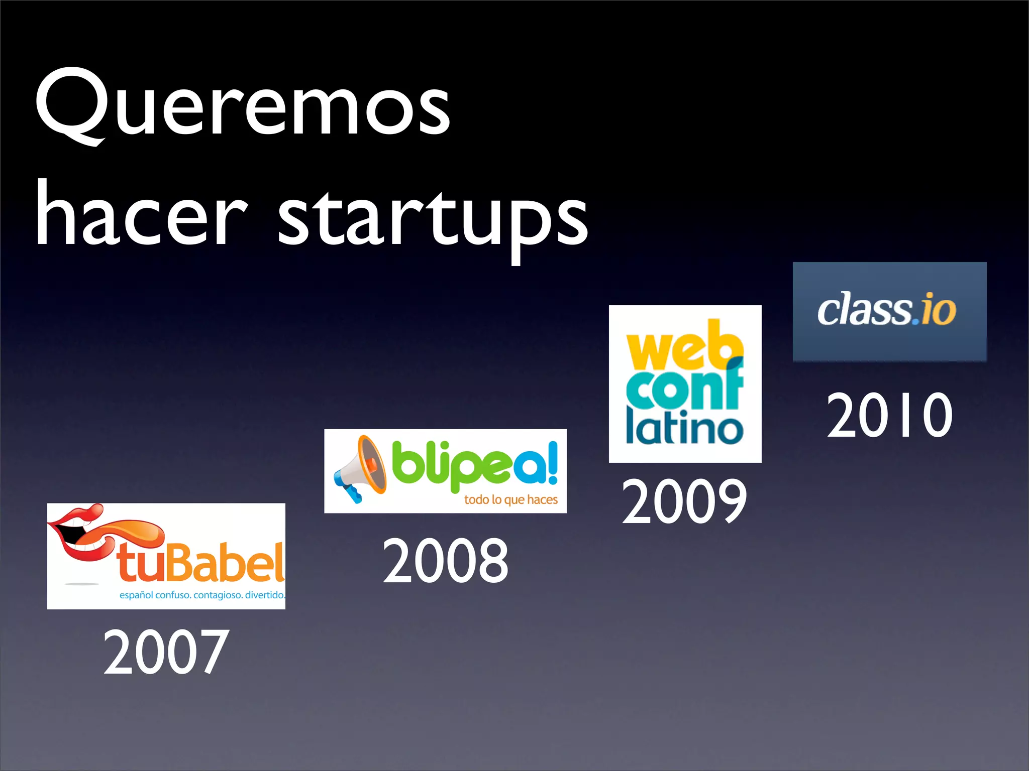 Queremos
hacer startups

                        2010
                 2009
        2008
 2007
 
