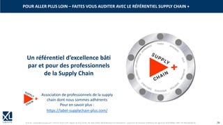 © XL SA | contact@xl-groupe.com | Paris 01 78 16 11 99 | Région 04 76 61 34 40 | 88, Allée Galilée 38330 Montbonnot-Saint-Martin | Organisme de formation (Préfecture de région) 82 38 00 90938 | SIRET 347 945 628 000 50 26
POUR ALLER PLUS LOIN – FAITES VOUS AUDITER AVEC LE RÉFÉRENTIEL SUPPLY CHAIN +
Un référentiel d’excellence bâti
par et pour des professionnels
de la Supply Chain
Association de professionnels de la supply
chain dont nous sommes adhérents
Pour en savoir plus :
https://label-supplychain-plus.com/
 