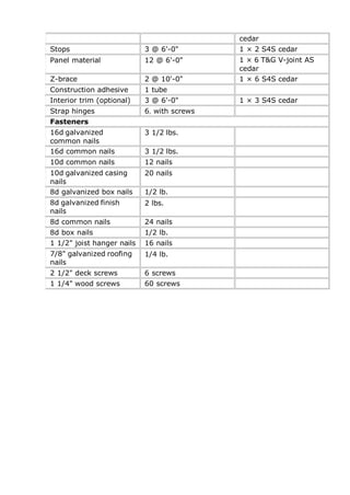 cedar
Stops 3 @ 6'-0" 1 × 2 S4S cedar
Panel material 12 @ 6'-0" 1 × 6 T&G V-joint AS
cedar
Z-brace 2 @ 10'-0" 1 × 6 S4S cedar
Construction adhesive 1 tube
Interior trim (optional) 3 @ 6'-0" 1 × 3 S4S cedar
Strap hinges 6, with screws
Fasteners
16d galvanized
common nails
3 1/2 lbs.
16d common nails 3 1/2 lbs.
10d common nails 12 nails
10d galvanized casing
nails
20 nails
8d galvanized box nails 1/2 lb.
8d galvanized finish
nails
2 lbs.
8d common nails 24 nails
8d box nails 1/2 lb.
1 1/2" joist hanger nails 16 nails
7/8" galvanized roofing
nails
1/4 lb.
2 1/2" deck screws 6 screws
1 1/4" wood screws 60 screws
 