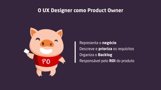 O UX Designer como Product Owner
Representa o negócio
Descreve e prioriza os requisitos
Organiza o Backlog
Responsável pelo ROI do produto
 