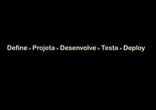 !

Define > Projeta > Desenvolve > Testa > Deploy

 