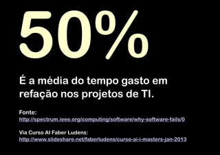 50%
É a média do tempo gasto em
refação nos projetos de TI.
 
Fonte:
http://spectrum.ieee.org/computing/software/why-software-fails/0  
 
Via Curso AI Faber Ludens: 
http://www.slideshare.net/faberludens/curso-ai-i-masters-jan-2013

 