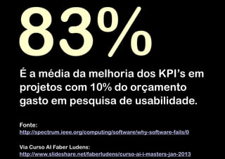 83%

É a média da melhoria dos KPI’s em
projetos com 10% do orçamento
gasto em pesquisa de usabilidade. 
 
Fonte:
http://spectrum.ieee.org/computing/software/why-software-fails/0

 
Via Curso AI Faber Ludens: 
http://www.slideshare.net/faberludens/curso-ai-i-masters-jan-2013

 