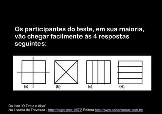 Dinâmica
Os participantes do teste, em sua maioria,
vão chegar facilmente às 4 respostas
seguintes:

Do livro “O Tiro e o Alvo”  
Na Livraria da Travessa - http://migre.me/105T7 Editora http://www.caispharoux.com.br/

 