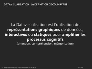 DATAVISUALISATION : LA DÉFINITION DE COLIN WARE
AGILE TOUR RENNES 2016 - MATTHIEU GIOANI - CC-BY-NC-SA16
La Datavisualisation est l’utilisation de
représentations graphiques de données,
interactives ou statiques pour amplifier les
processus cognitifs
(attention, compréhension, mémorisation)
OCT. 2016
 