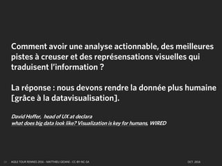 AGILE TOUR RENNES 2016 - MATTHIEU GIOANI - CC-BY-NC-SA OCT. 201624
Comment avoir une analyse actionnable, des meilleures
pistes à creuser et des représensations visuelles qui
traduisent l’information ?
La réponse : nous devons rendre la donnée plus humaine
[grâce à la datavisualisation].
David Hoffer, head of UX at declara
what doesbig data look like? Visualization iskey for humans, WIRED
 