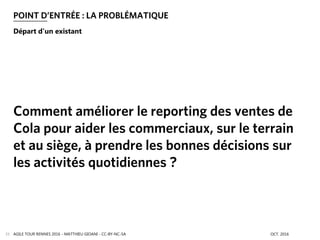 POINT D’ENTRÉE : LA PROBLÉMATIQUE
AGILE TOUR RENNES 2016 - MATTHIEU GIOANI - CC-BY-NC-SA OCT. 201635
Départ d’un existant
Comment améliorer le reporting des ventes de
Cola pour aider les commerciaux, sur le terrain
et au siège, à prendre les bonnes décisions sur
les activités quotidiennes ?
 