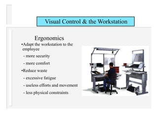 Visual Control & the Workstation
Ergonomics
•Adapt the workstation to the
employee
- more security
- more comfort
•Reduce waste
- excessive fatigue
- useless efforts and movement
- less physical constraints
 