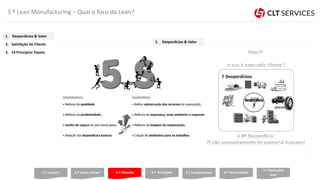 3 º Lean Manufacturing – Qual o foco do Lean?
2.º Como iniciar? 3.º Filosofia 4.º Princípios 5.º Fundamentos 6.º Ferramentas1.º o Lean?
7.º Evoluções
Lean
3. 14 Princípios Toyota
2. Satisfação do Cliente
1. Desperdícios & Valor
1. Desperdícios & Valor
 