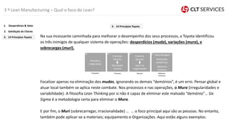 3 º Lean Manufacturing – Qual o foco do Lean?
Filosofia a
longo prazo
Processo
Correto
=
Resultado
correto
Valorizar
pessoas
=
valor na
organização
Aprendizagem
Resolução
problemas
Melhoria
continua
1 2 3 4
Propósito Processo Pessoas Melhoria
Continua
Na sua incessante caminhada para melhorar o desempenho dos seus processos, a Toyota identificou
os três inimigos de qualquer sistema de operações: desperdícios (muda), variações (mura), e
sobrecargas (muri).
Focalizar apenas na eliminação dos mudas, ignorando os demais “demónios”, é um erro. Pensar global e
atuar local também se aplica neste combate. Nos processos e nas operações, o Mura (irregularidades e
variabilidade). A filosofia Lean Thinking por si não é capaz de eliminar este malvado “demónio”… Six
Sigma é a metodologia certa para eliminar o Mura.
E por fim, o Muri (sobrecarregar, irracionalidade) … … o foco principal aqui são as pessoas. No entanto,
também pode aplicar-se a materiais; equipamento e Organizações. Aqui estão alguns exemplos:
3. 14 Princípios Toyota
2. Satisfação do Cliente
1. Desperdícios & Valor 3. 14 Princípios Toyota
 