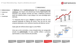 2.º Como iniciar? 3.º Filosofia 4.º Princípios 5.º Fundamentos 6.º Ferramentas1.º o Lean?
7.º Evoluções
Lean
A Melhoria não é tradicionalmente feita em pequenos passos
contínuos, isso requer uma atitude que muitas Organizações não
possuem. Essa atitude consiste em fazer a Melhoria Contínua
parte do trabalho diário, o que obriga a ter uma estratégia bem
definida.
“É frequente dizer-se que a Toyota se orgulha de não ser uma
empresa dedicada ao fabrico de carros, mas sim de ser uma
empresa dedicada a criar melhores maneiras de fabricar carros.”
Cada ação de melhoria deve seguir o ciclo PDCA:
Uma vez o ciclo concluído, a nova situação deve ser assegurada
através da padronização. O novo padrão reflete o processo
aprimorado e a nova maneira de proceder.
Melhorar
Padronizar
1. Melhoria Contínua
2. Gestão visual
3. TPM
4. Standarização
1. Melhoria Continua
5 º Lean Manufacturing – Qual é a dinâmica do Lean?
 