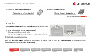O Lean é ...
1.º Lean Manufacturing - Porque o lean?
O objetivo é crescer internamente:
Com uma estrutura flexível adaptada às necessidades do cliente, capaz de fazer face a variabilidades, de modo a obtermos
maior valor e em paralelo reduzir desperdícios.
Um sistema de gestão e uma Estratégia para a Organização:
• Criar valor para os clientes, (foco no cliente)
• Elimina o que não acrescenta valor
• Faz com que as equipas se envolvam em projetos de melhoria!
A formula de negócio ANTIGAMENTE!!
Custo + Lucro = Preço Venda
A formula de negócio HOJE!!
Preço Venda – = Lucro
2.º Como iniciar? 3.º Filosofia 4.º Princípios 5.º Fundamentos 6.º Ferramentas
7.º Evoluções
Lean
 
