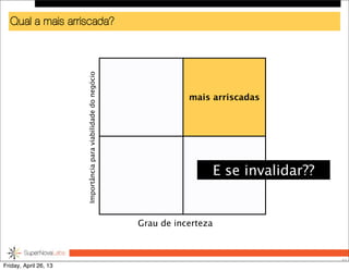 Qual a mais arriscada?
32
mais arriscadas
Grau de incerteza
Importânciaparaviabilidadedonegócio
E se invalidar??
Friday, April 26, 13
 