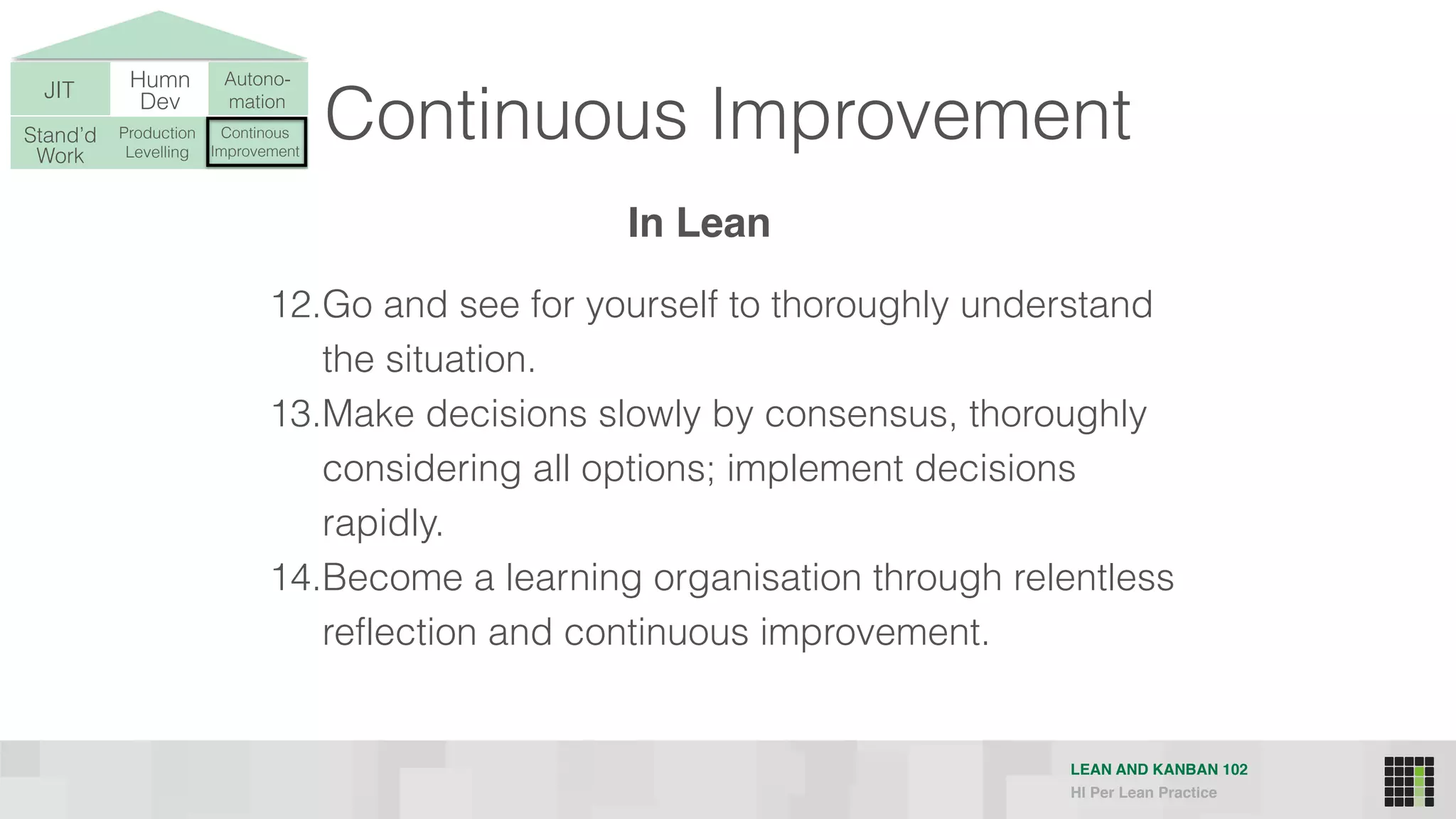 LEAN AND KANBAN 102
HI Per Lean Practice
JIT Humn 
Dev
Stand’d 
Work
Production 
Levelling
Continous
Improvement
Autono-
mation
Continuous Improvement
12.Go and see for yourself to thoroughly understand
the situation.
13.Make decisions slowly by consensus, thoroughly
considering all options; implement decisions
rapidly.
14.Become a learning organisation through relentless
reflection and continuous improvement.
In Lean
 