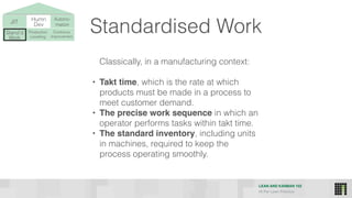 LEAN AND KANBAN 102
HI Per Lean Practice
Standardised Work
Classically, in a manufacturing context:
• Takt time, which is the rate at which
products must be made in a process to
meet customer demand.
• The precise work sequence in which an
operator performs tasks within takt time.
• The standard inventory, including units
in machines, required to keep the
process operating smoothly.
JIT Humn 
Dev
Stand’d 
Work
Production 
Levelling
Continous
Improvement
Autono-
mation
 