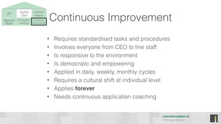 LEAN AND KANBAN 102
HI Per Lean Practice
JIT Humn 
Dev
Stand’d 
Work
Production 
Levelling
Continous
Improvement
Autono-
mation
Continuous Improvement
• Requires standardised tasks and procedures
• Involves everyone from CEO to line staff
• Is responsive to the environment
• Is democratic and empowering
• Applied in daily, weekly, monthly cycles
• Requires a cultural shift at individual level
• Applies forever
• Needs continuous application coaching
 