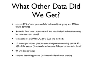 What Other Data Did We Get? average 85% of time spent on failure demand (one group was 99% on failure demand) 9 months from time a customer call was resolved (via value stream map for most common issues) technical debt (10,000 LOC JSP’s, 6000 line methods) 1.5 weeks per month spent on manual regression covering approx 30 - 50% of the system (time was based on data, % based on thumb in the air) 0% unit test coverage complex branching policies (each team had their own branch) 